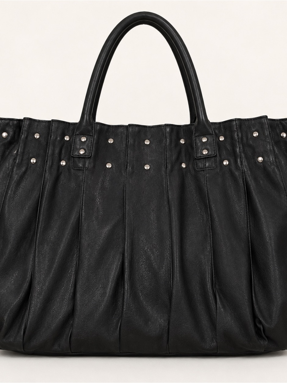 Classic Black Faux Leather Pleated Tote with Silver Stud Details